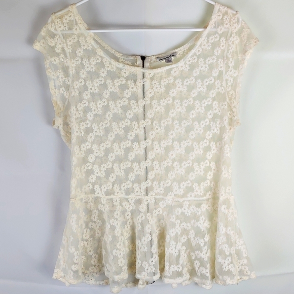 American Eagle Outfitters Tops - Vintage American Eagle Floral Mesh Babydoll Blouse Top Sz L Retro Preppy Summer